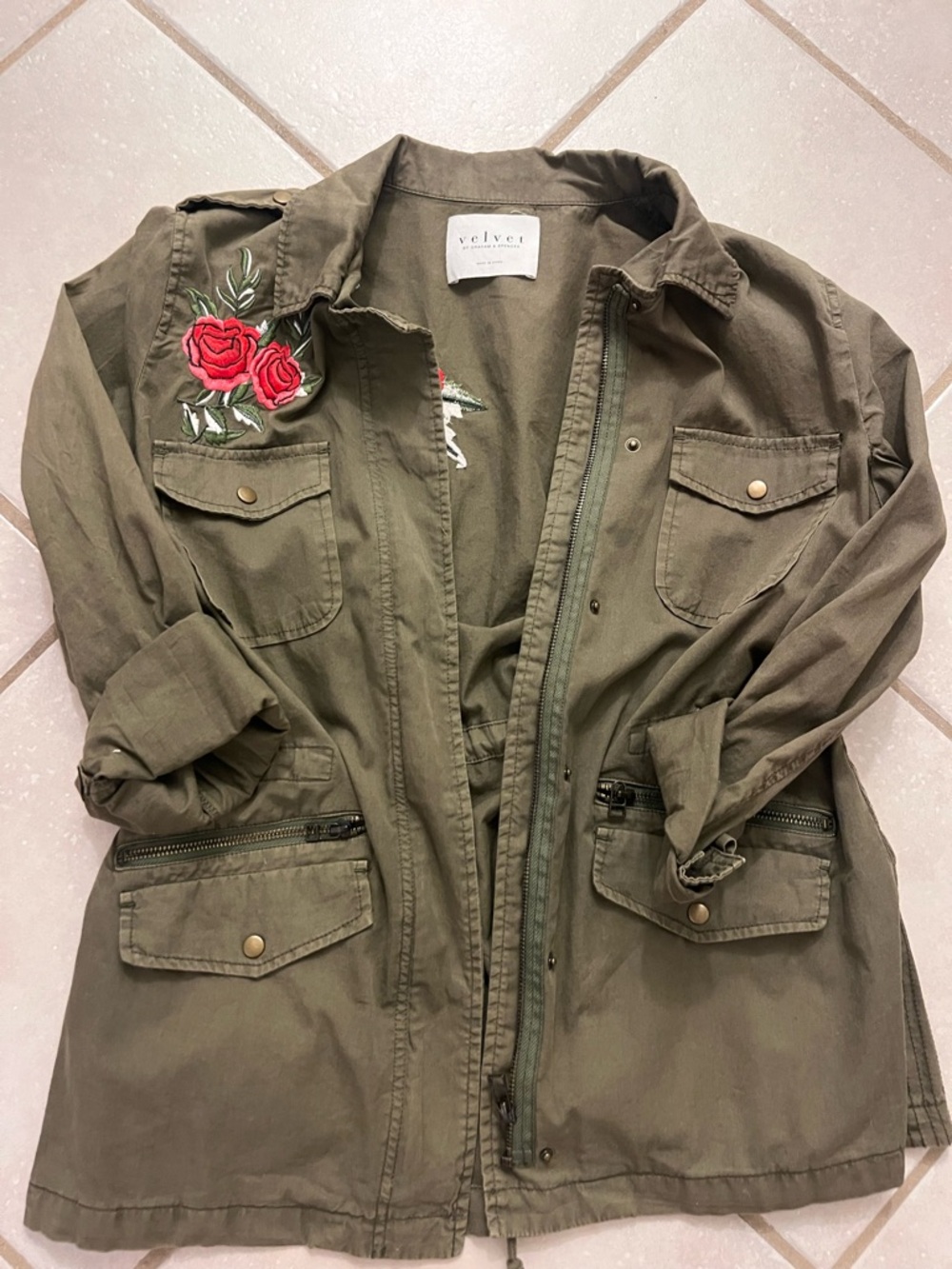 Velvet by Graham & Spencer Olive Green Utility Jacket with Red Rose Embroidery